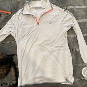 ASICS Mens Light Gray Striped Long Sleeve Running Shirt XLT thumb holes  Pocket